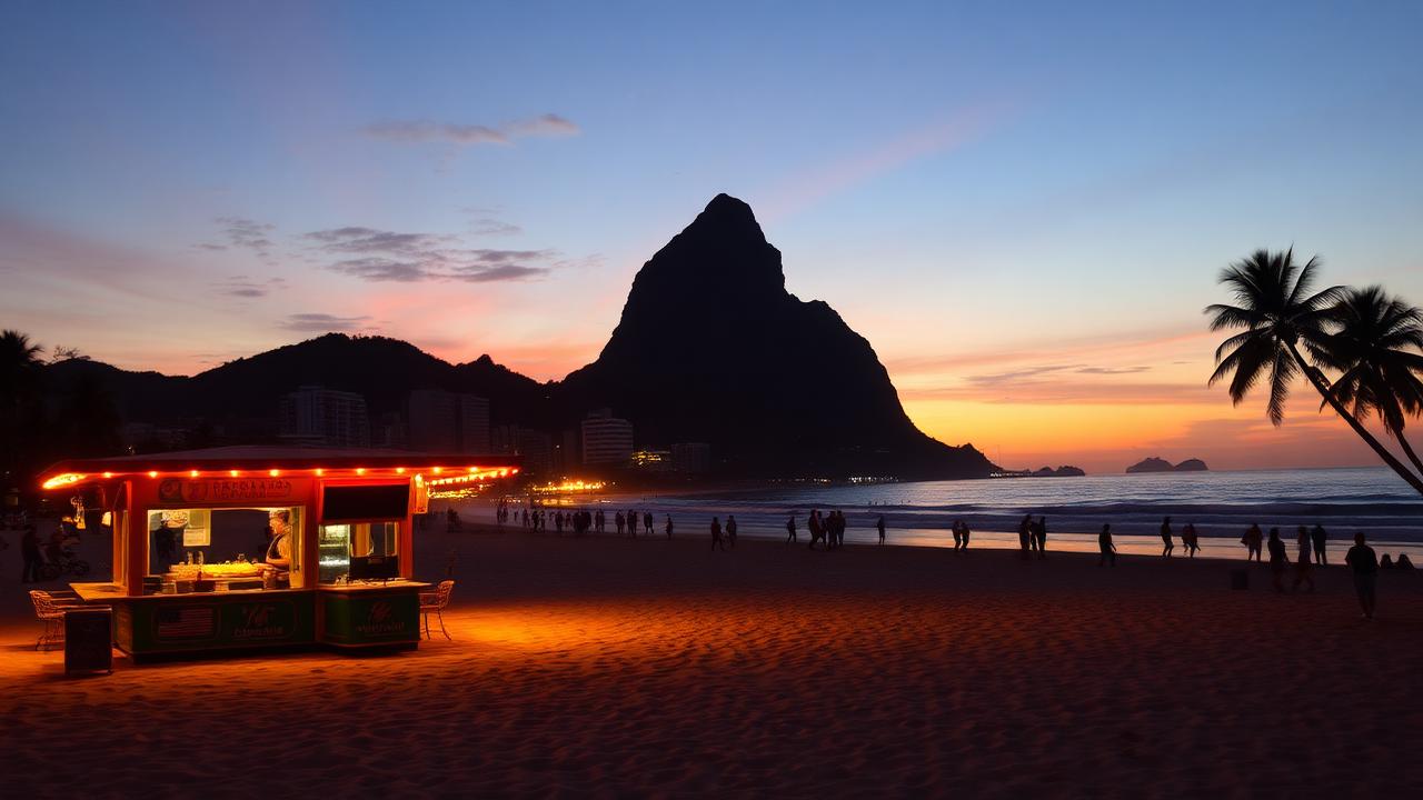 Ipanema Beach at sunset with Two Brothers mountain silhouette and beachfront kiosks