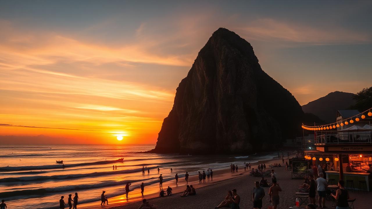 Arpoador Rock at dusk with surfers and beachgoers watching the sunset over the ocean