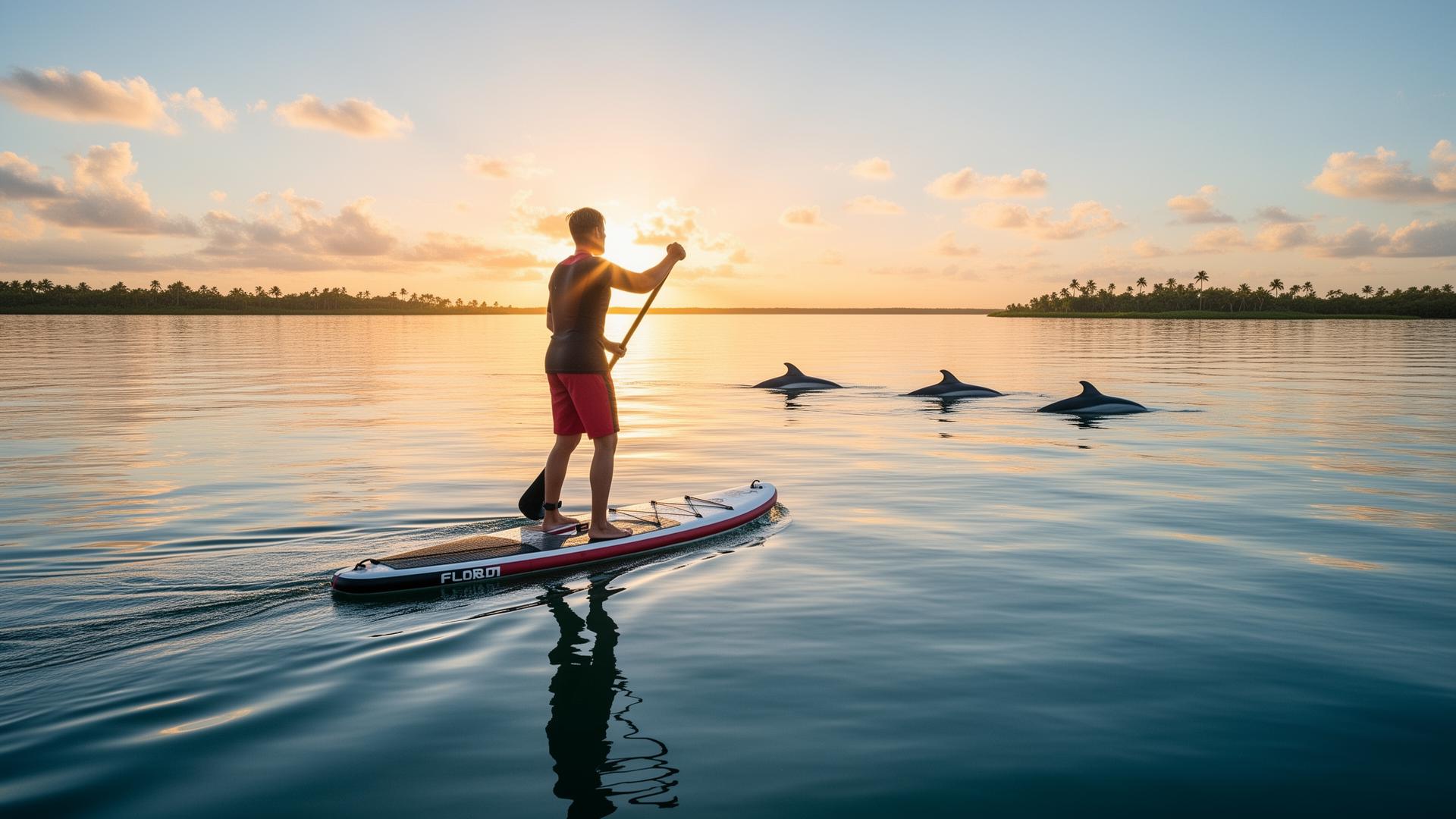 Stand-up paddleboarder on calm glassy Florida water at sunrise with dolphins