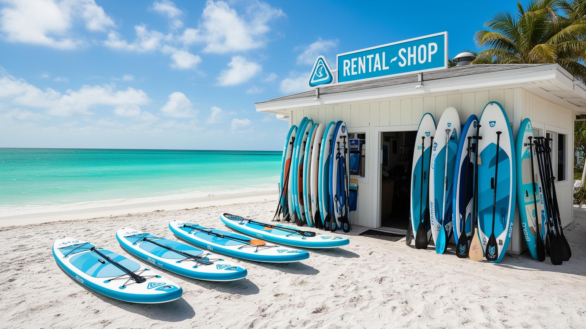 SUP paddleboard rental shop on Florida beach with boards lined up and turquoise water