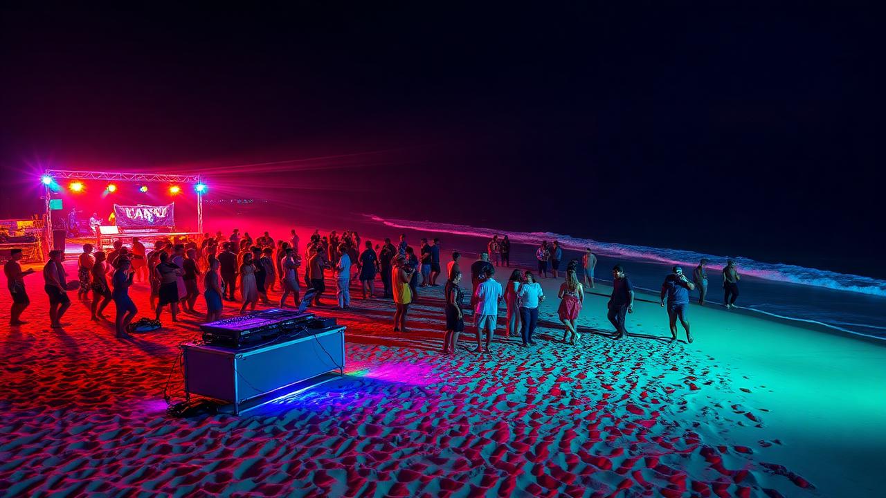 DJ booth and crowd dancing on beach at night with colorful lights