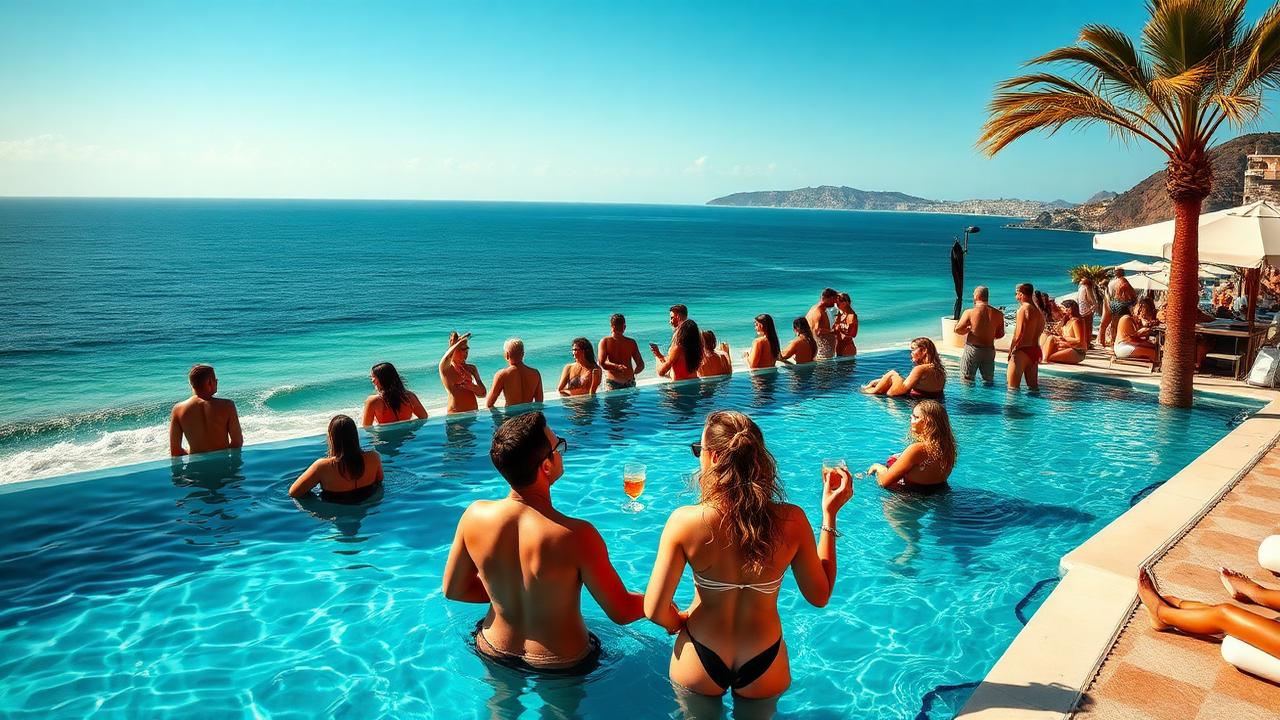 Beach club day party with infinity pool and ocean view