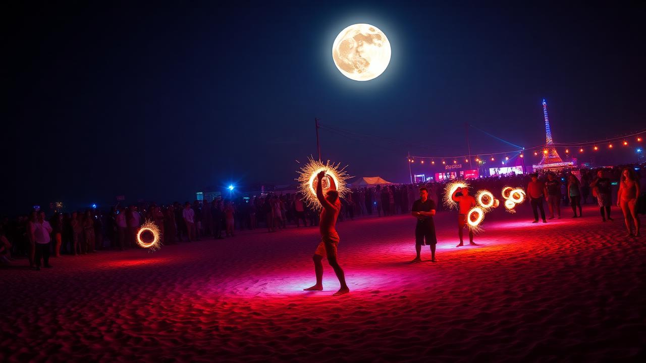 Full moon party with fire dancers on tropical beach
