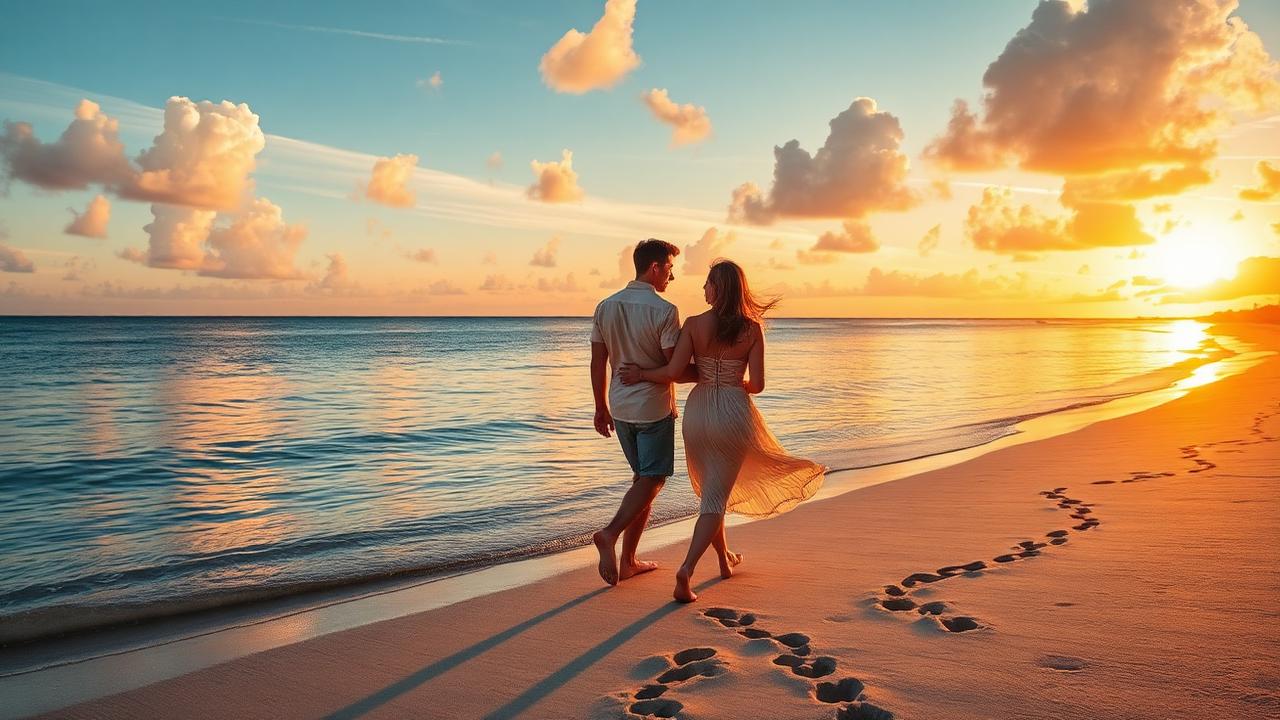 Couple walking on sunset beach with golden light and footprints