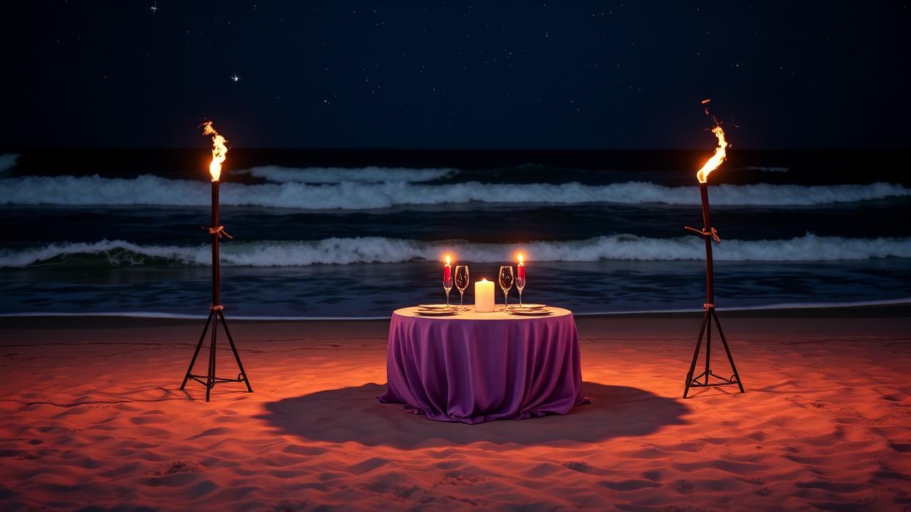 Candlelit dinner table on beach with ocean waves