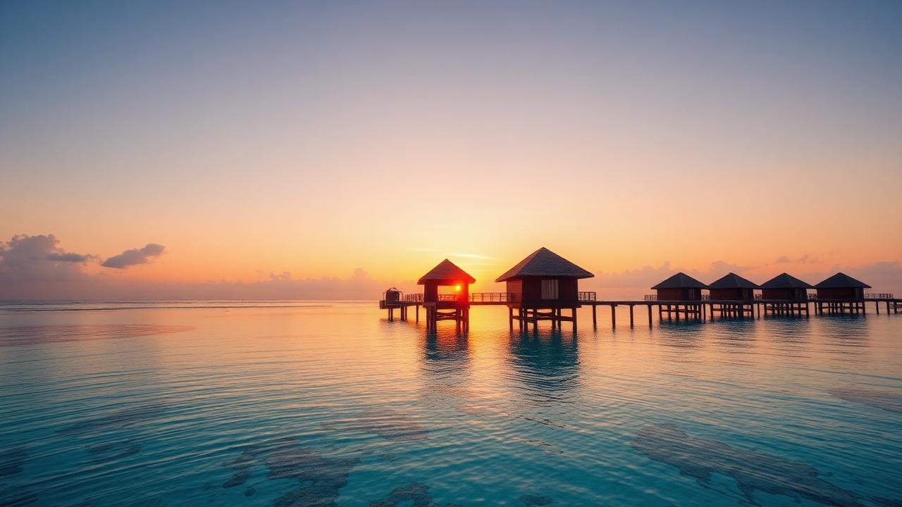 Overwater bungalows at sunrise in crystal lagoon