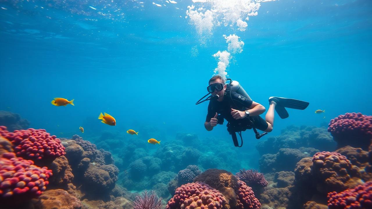 Scuba diver exploring colorful coral formations on Australia Great Barrier Reef