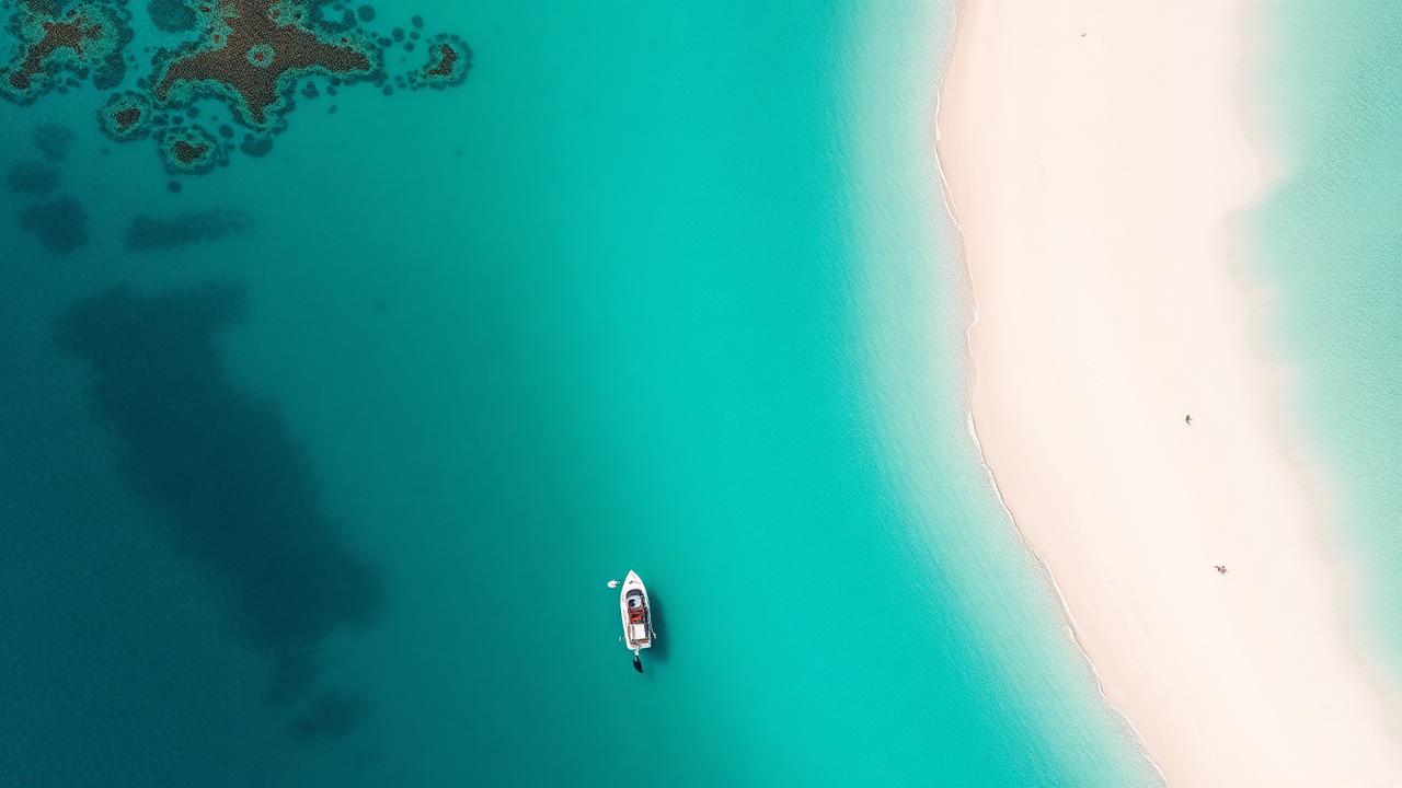 Aerial view of Ningaloo Reef coastline with turquoise water and white sand beach
