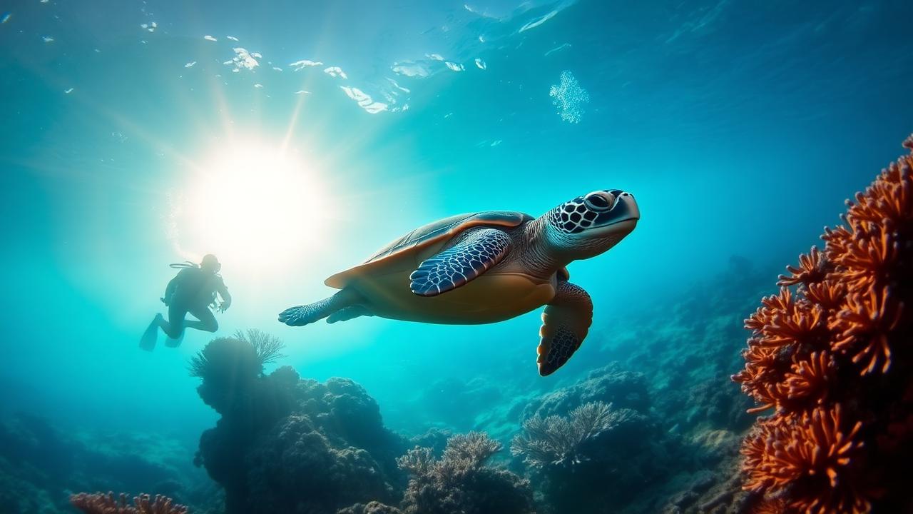 Sea turtle swimming over coral reef in Australia with scuba diver in background