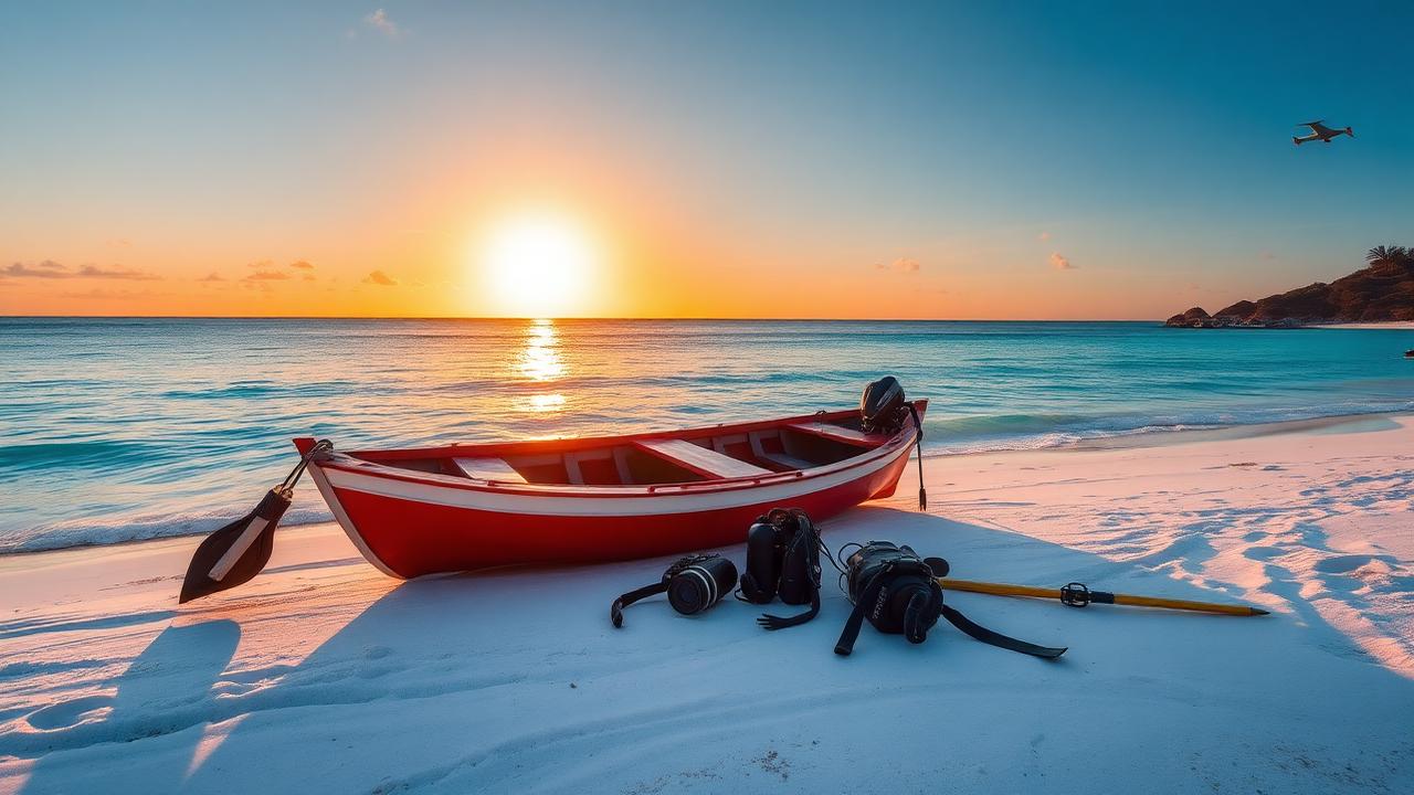 Dive boat on pristine Australian beach at sunrise with scuba gear on white sand
