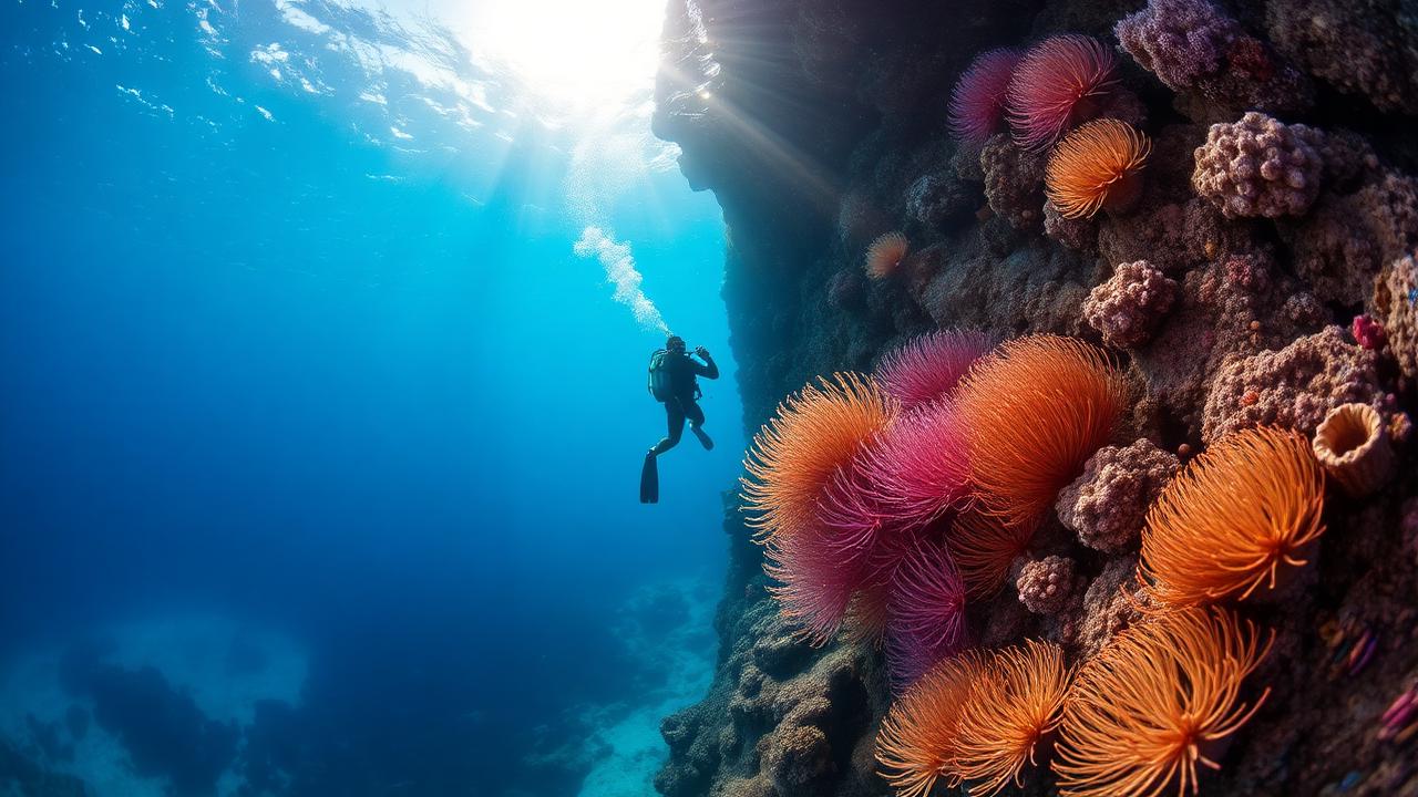 Scuba diver exploring Caribbean coral reef wall with vibrant sea fans and sponges