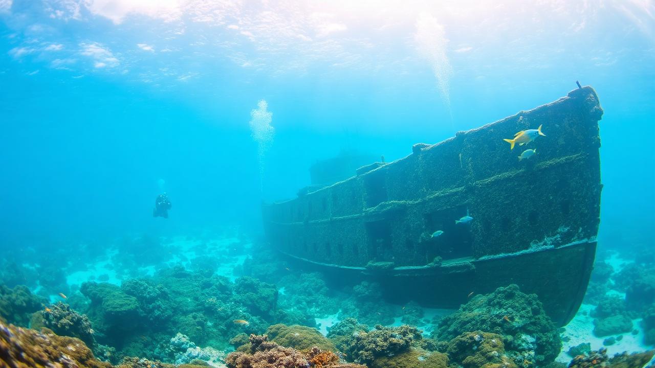 Sunken shipwreck covered in coral in Caribbean waters with diver exploring