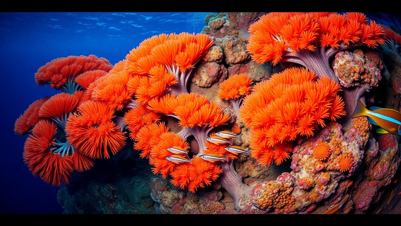 Vibrant Red Sea coral reef with orange soft corals and anthias fish school