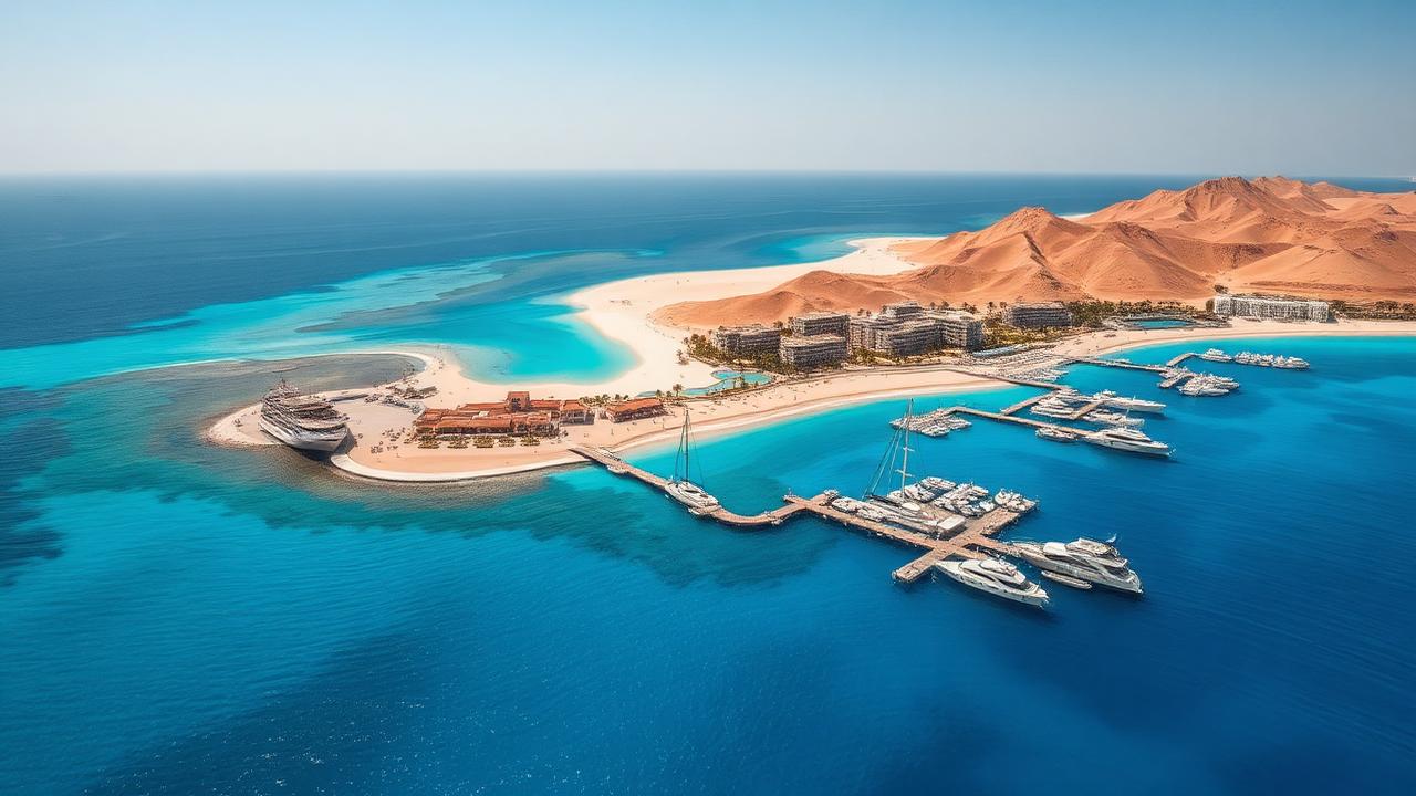 Sharm El Sheikh coastline with desert meeting turquoise Red Sea and dive boats