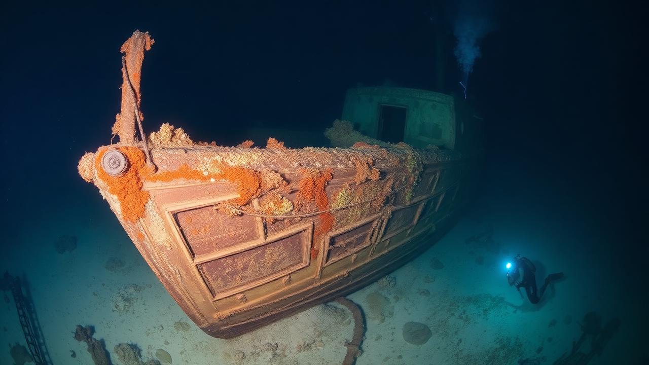 Thistlegorm shipwreck in Red Sea Egypt with diver exploring the encrusted hull