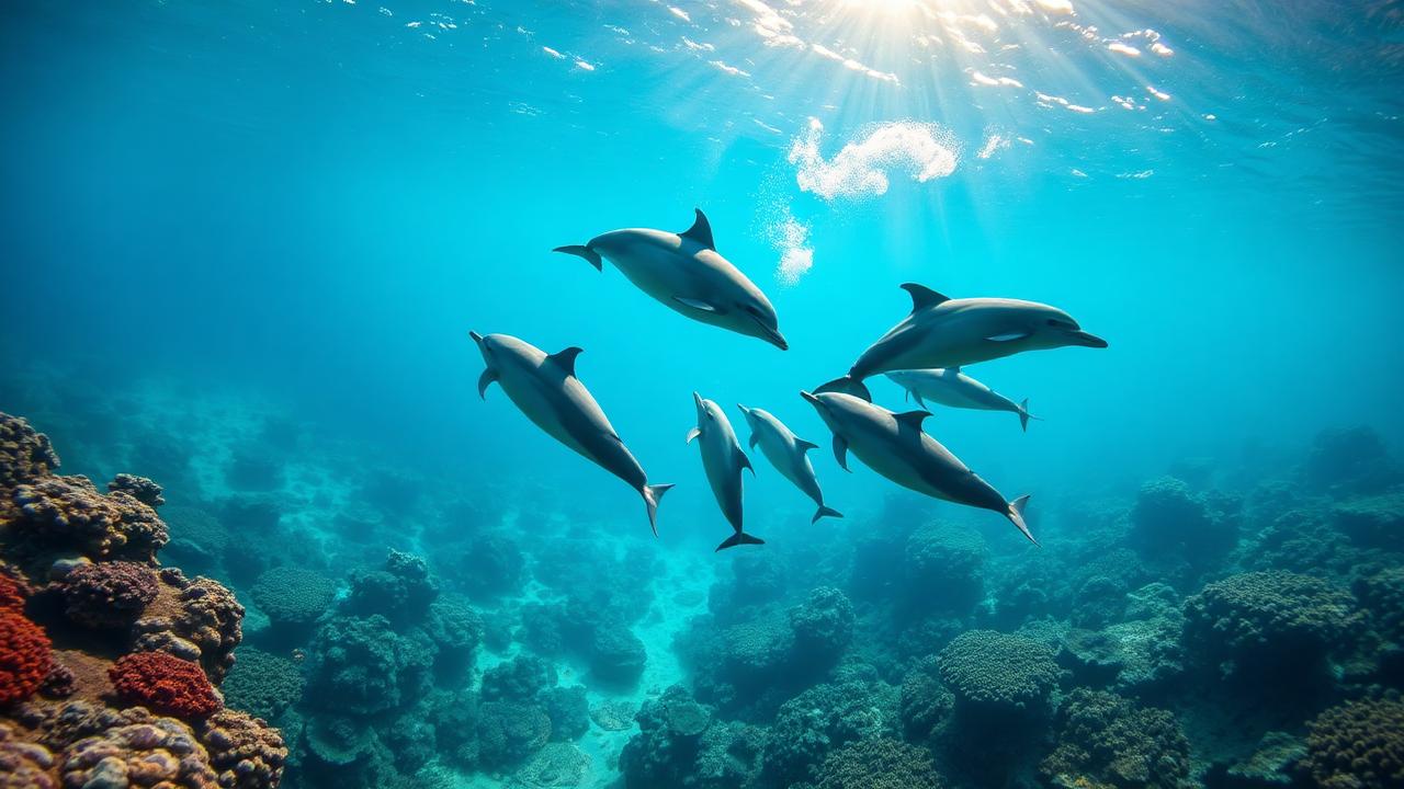 Pod of dolphins swimming in Red Sea with coral reef below and sunlight streaming down