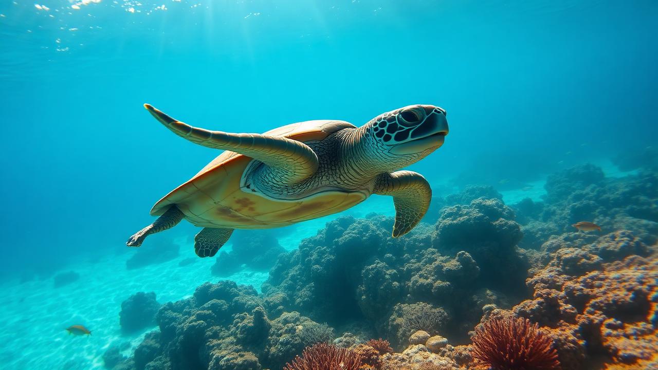 Hawaiian green sea turtle swimming over coral reef in clear blue Pacific water