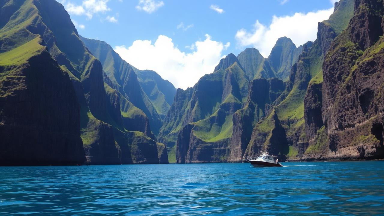 Na Pali Coast Kauai Hawaii dramatic green cliffs from the ocean with dive boat