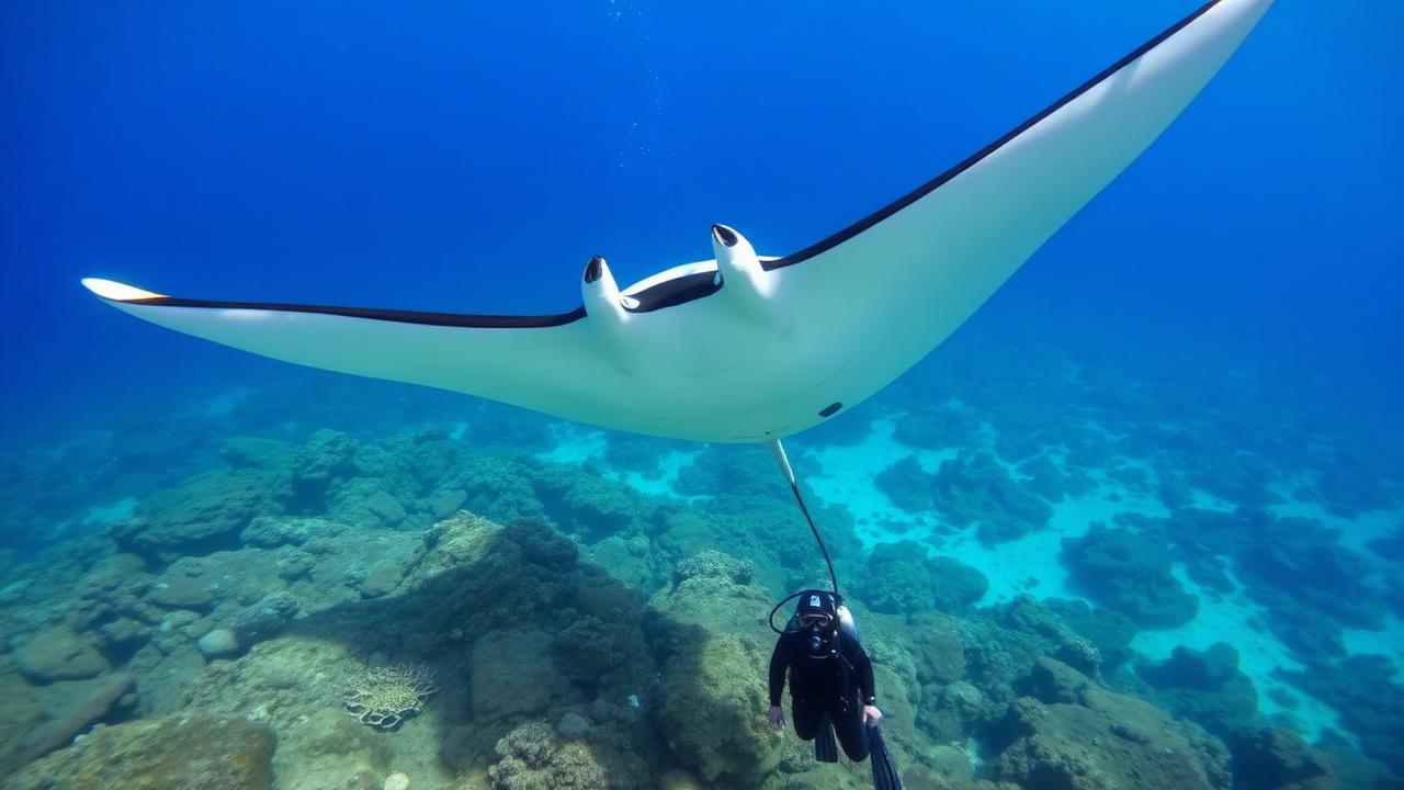Manta ray gliding over Hawaiian reef with scuba diver watching from below