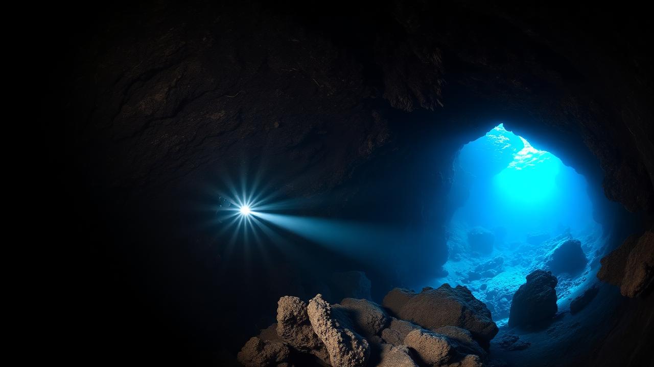 Underwater lava tube cave in Hawaii with scuba diver and blue light at entrance