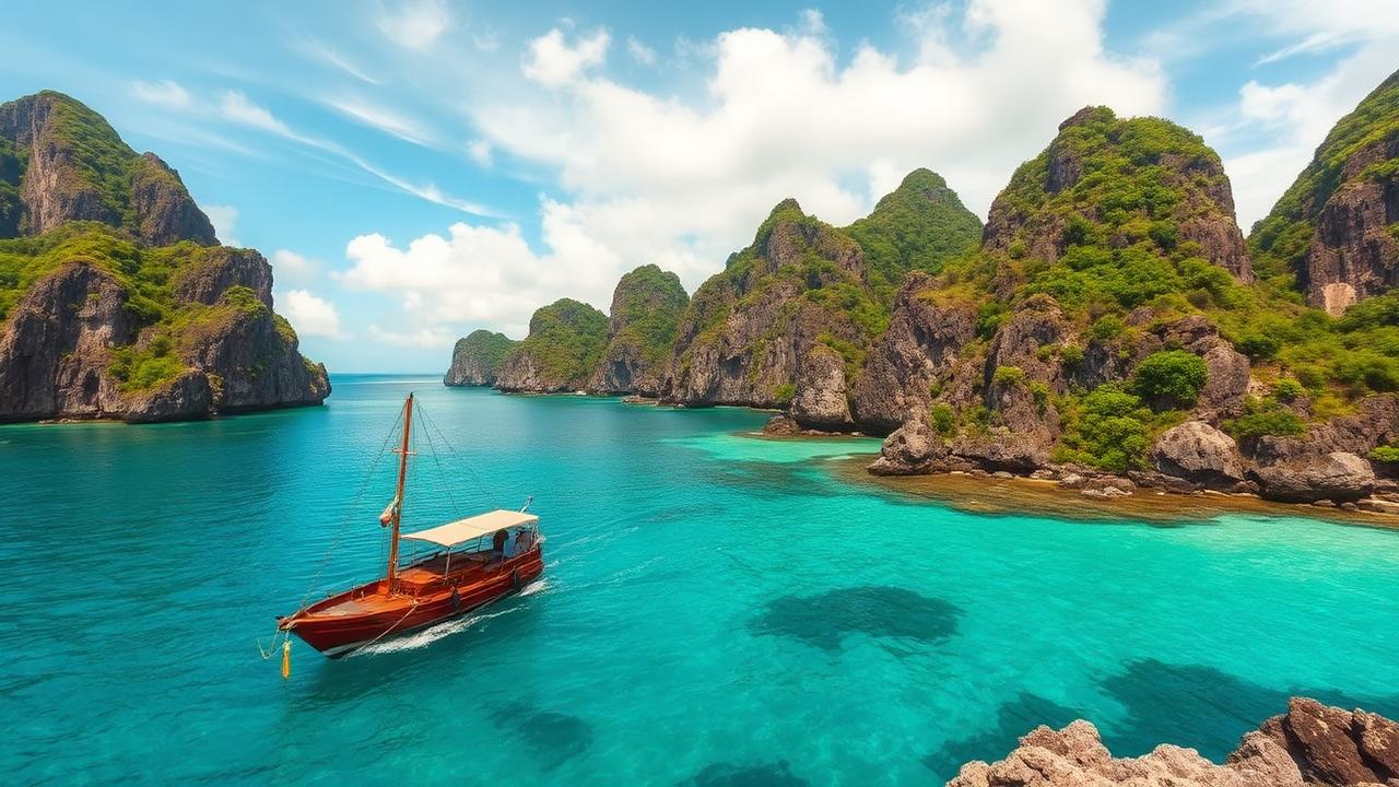 Komodo Island Indonesia coastline with dramatic rocky shores and wooden dive boat