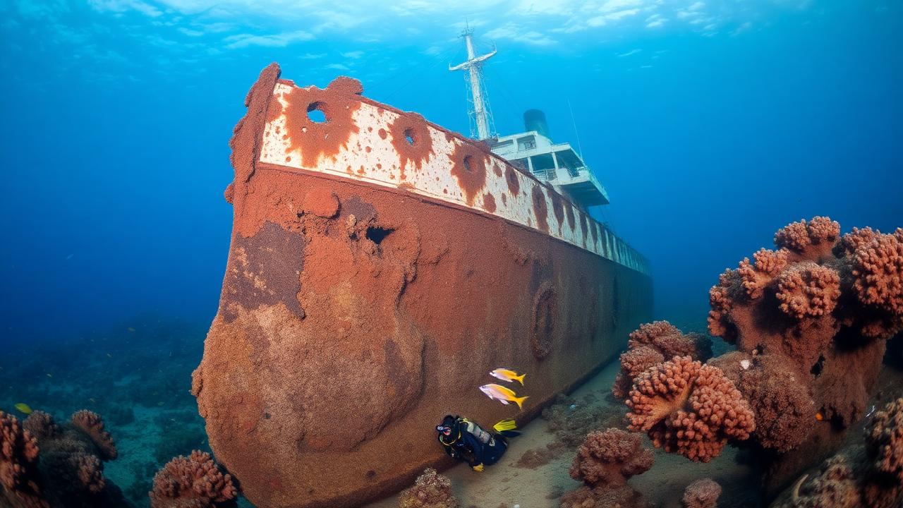 USAT Liberty shipwreck in Tulamben Bali covered in coral with tropical fish