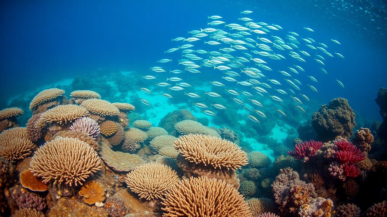 Pristine coral reef in Tubbataha Philippines with schools of fish in clear blue water