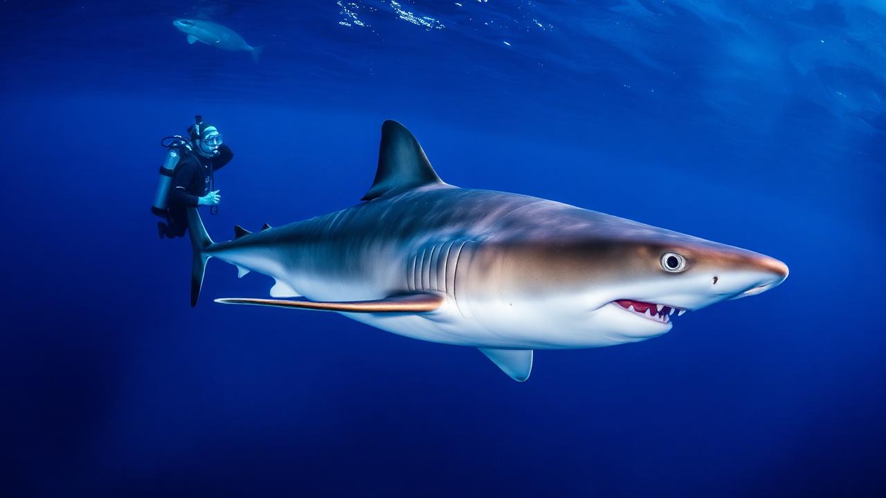 Thresher shark at Malapascua Philippines with long tail fin in deep blue water