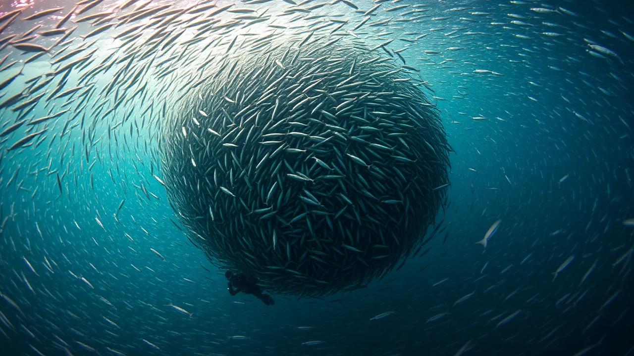 Massive sardine ball with diver in Moalboal Philippines spectacular marine phenomenon