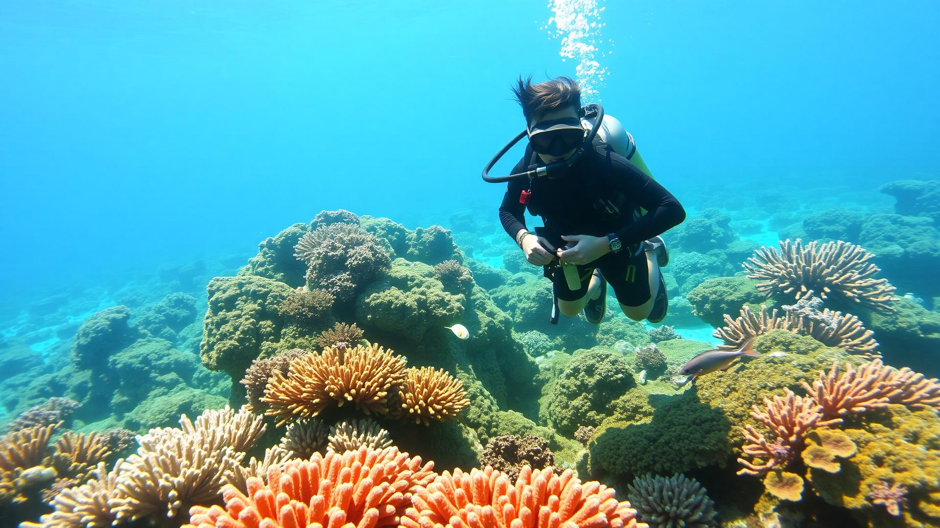 Beginner scuba diver exploring a vibrant coral reef with tropical fish