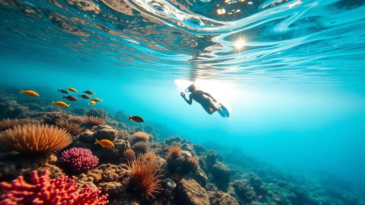 Turquoise Caribbean waters with coral reefs visible beneath the surface near a tropical island