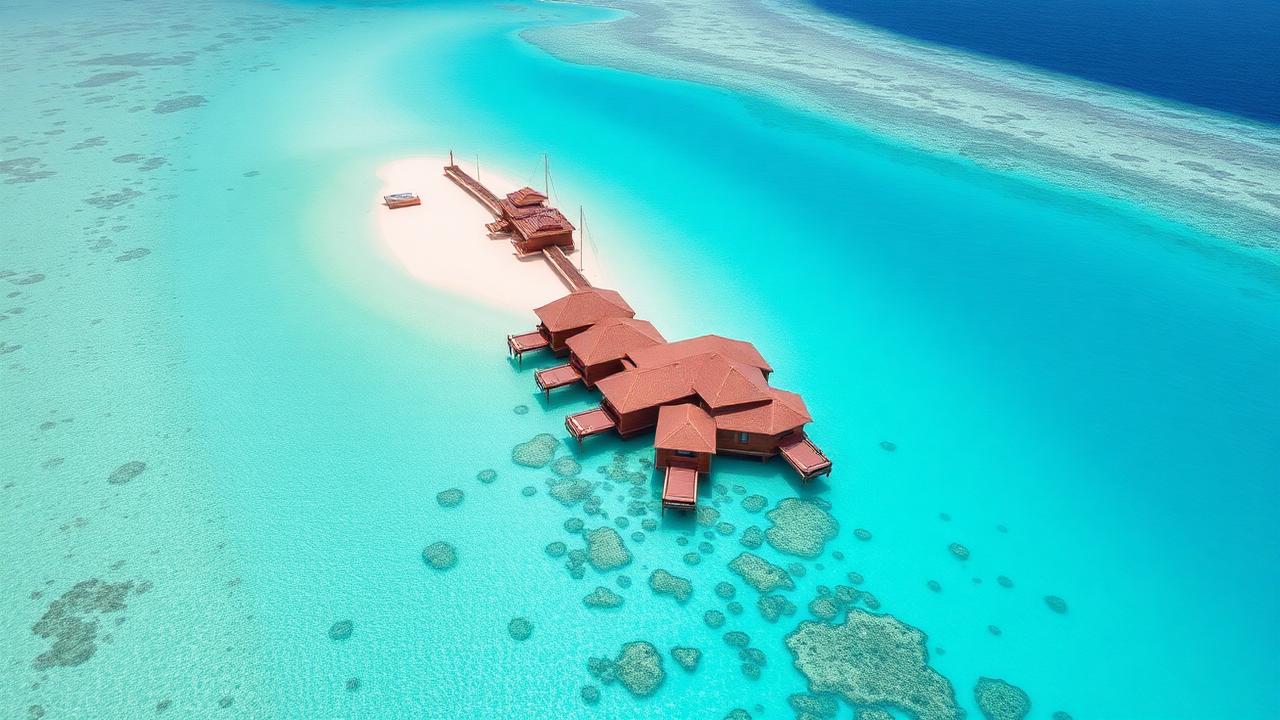 Crystal clear turquoise lagoon with overwater villas and coral reefs visible below the surface in the Maldives