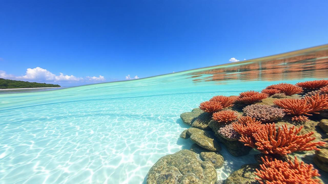 Pristine coral reef in shallow turquoise water at a remote Thai island