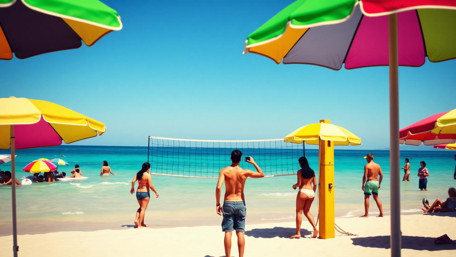 Vibrant spring break beach scene with colorful umbrellas and turquoise water