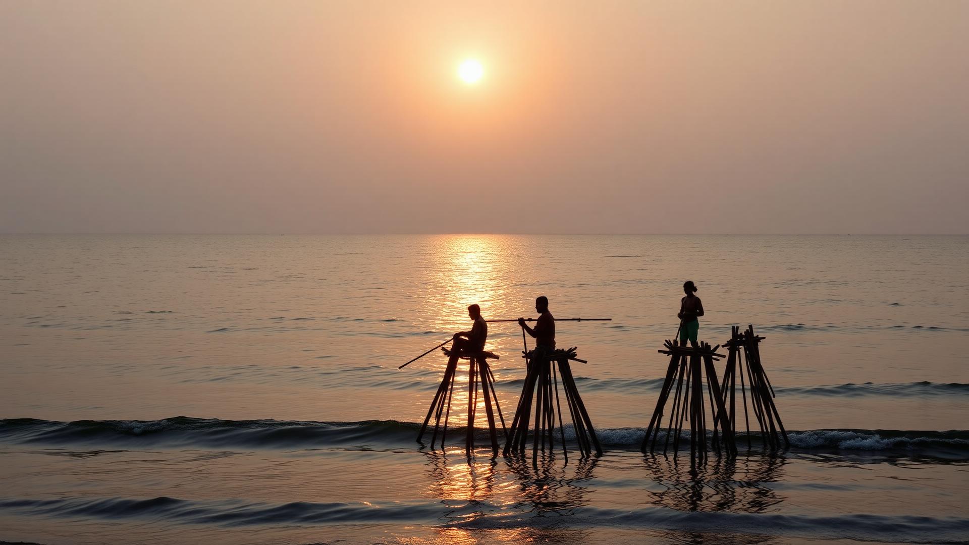 Traditional stilt fishermen at sunset in Sri Lanka