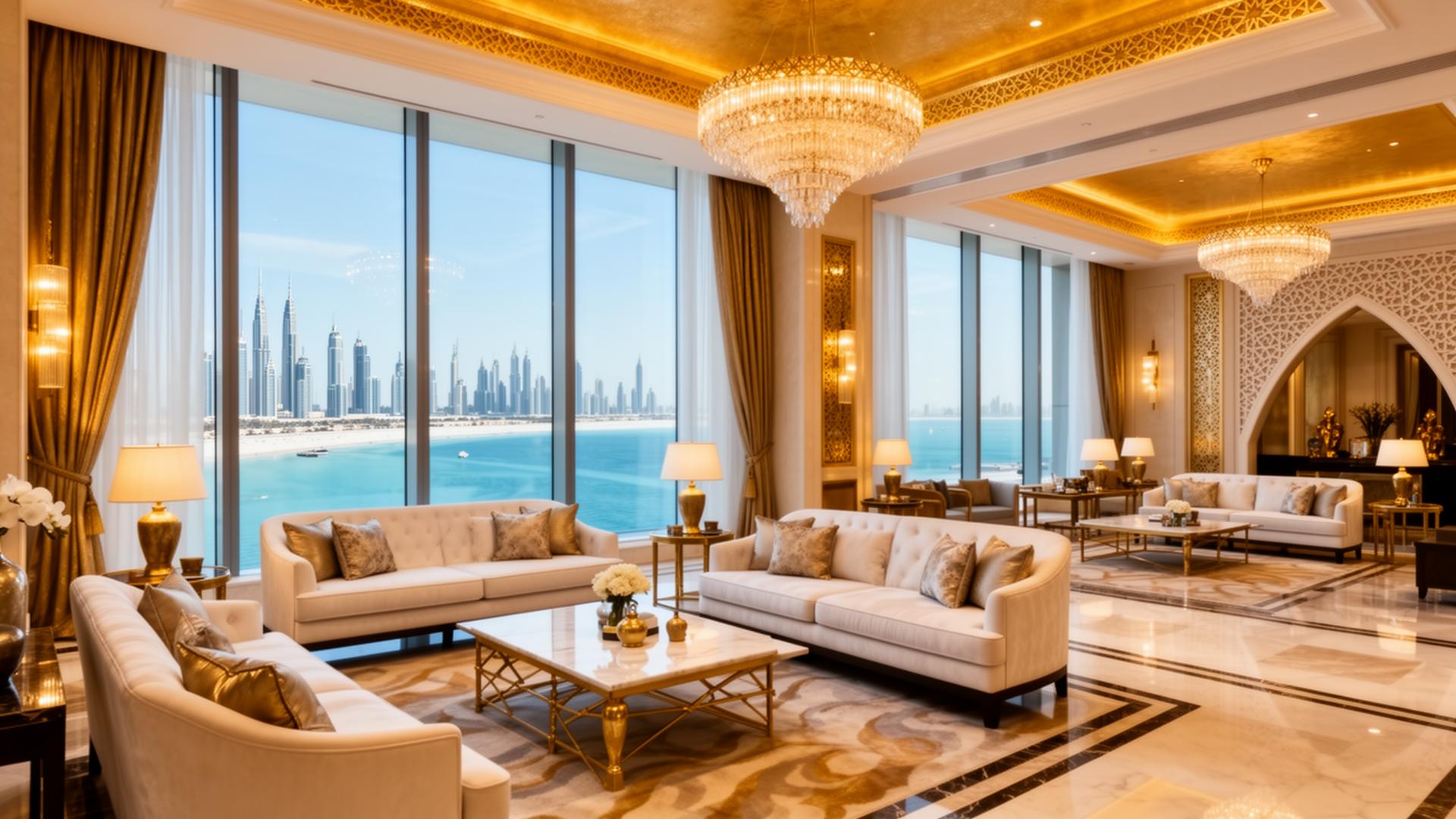 Opulent hotel lounge with gold accents and floor-to-ceiling windows overlooking Dubai coastline