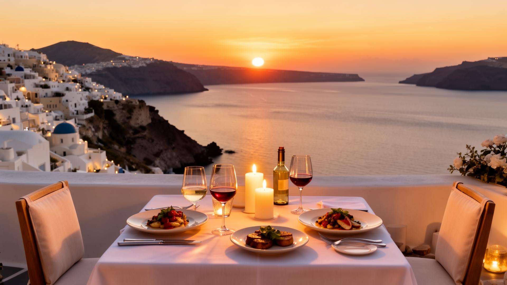 Romantic candlelit dinner on a private terrace overlooking the Santorini caldera at sunset