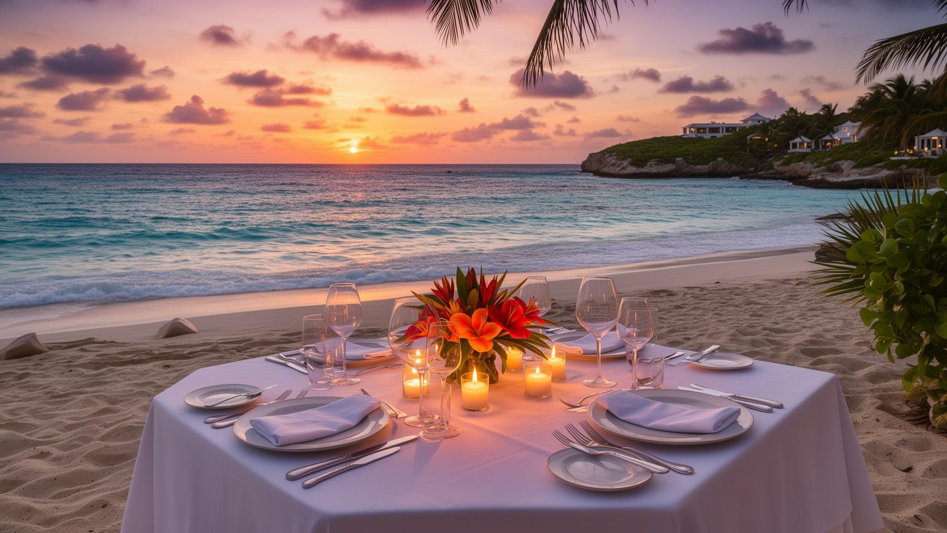 Elegant beachfront dinner setting with candlelight and Caribbean sunset at Cap Juluca