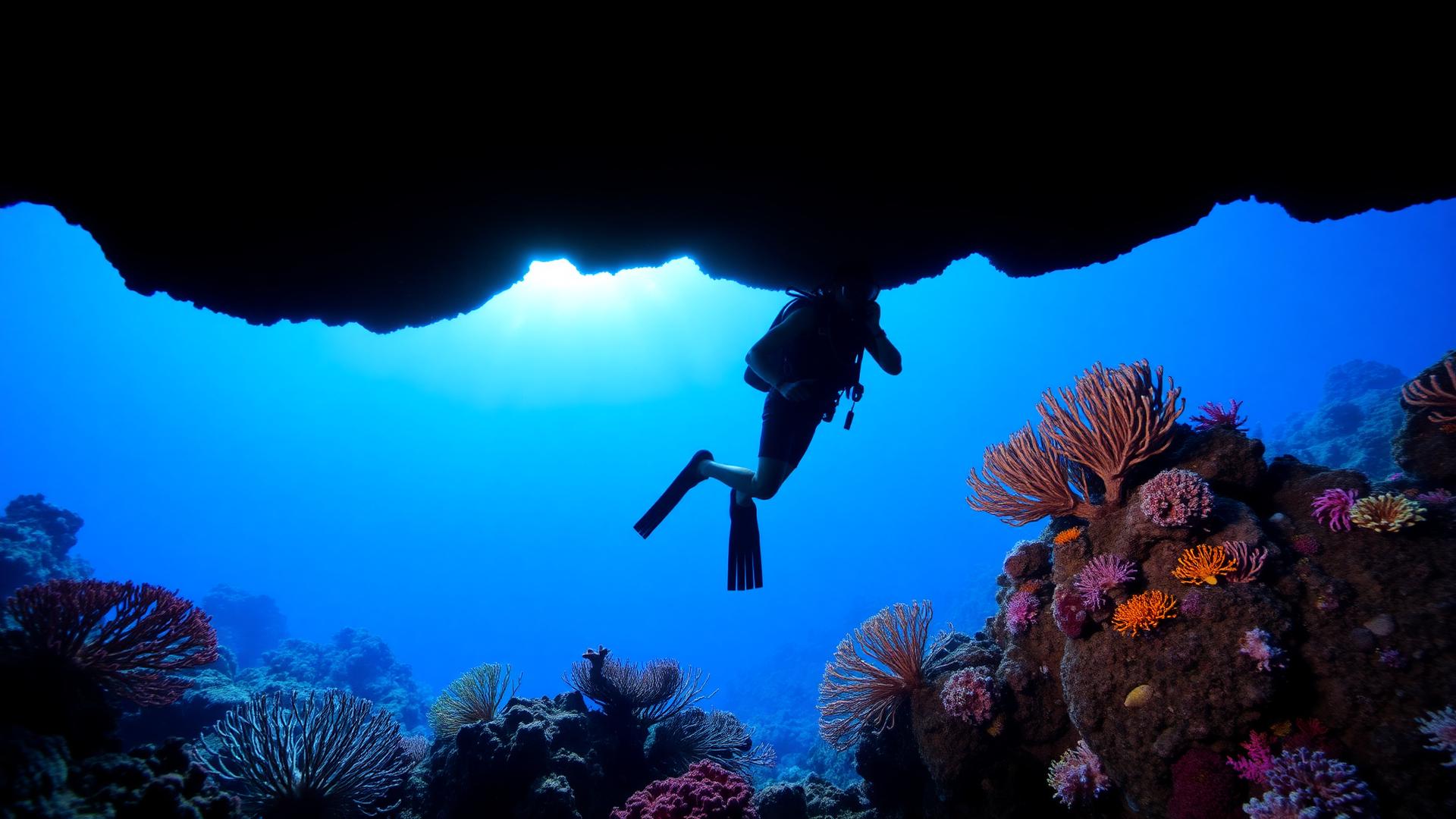 Scuba diver silhouetted against deep blue water near a Caribbean reef wall