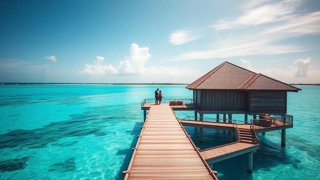 Romantic overwater bungalow in Caribbean turquoise water