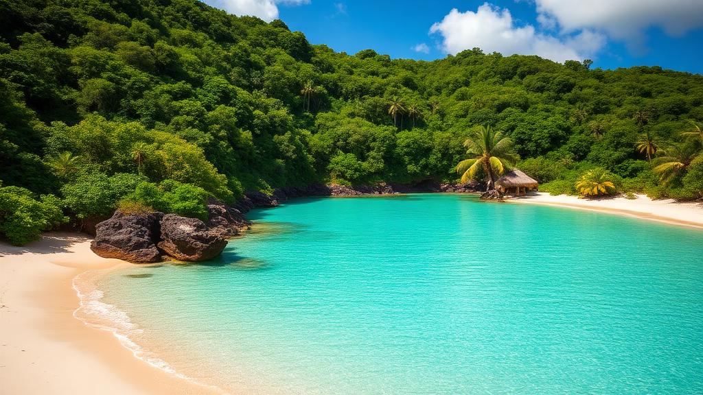 Secluded Caribbean beach cove with turquoise water and lush hillside
