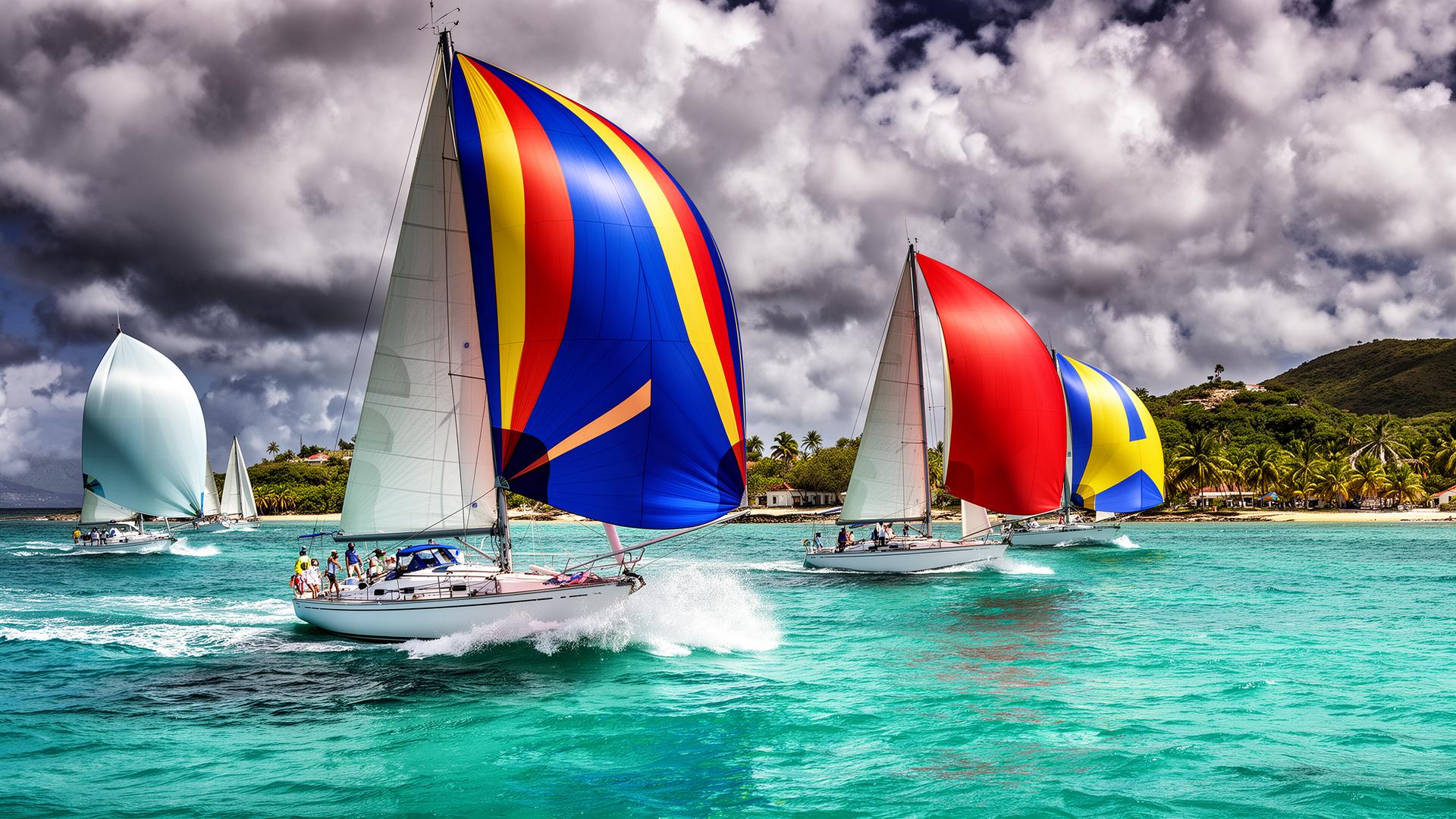 Racing sailboats with colorful spinnakers competing in a Caribbean regatta on turquoise water