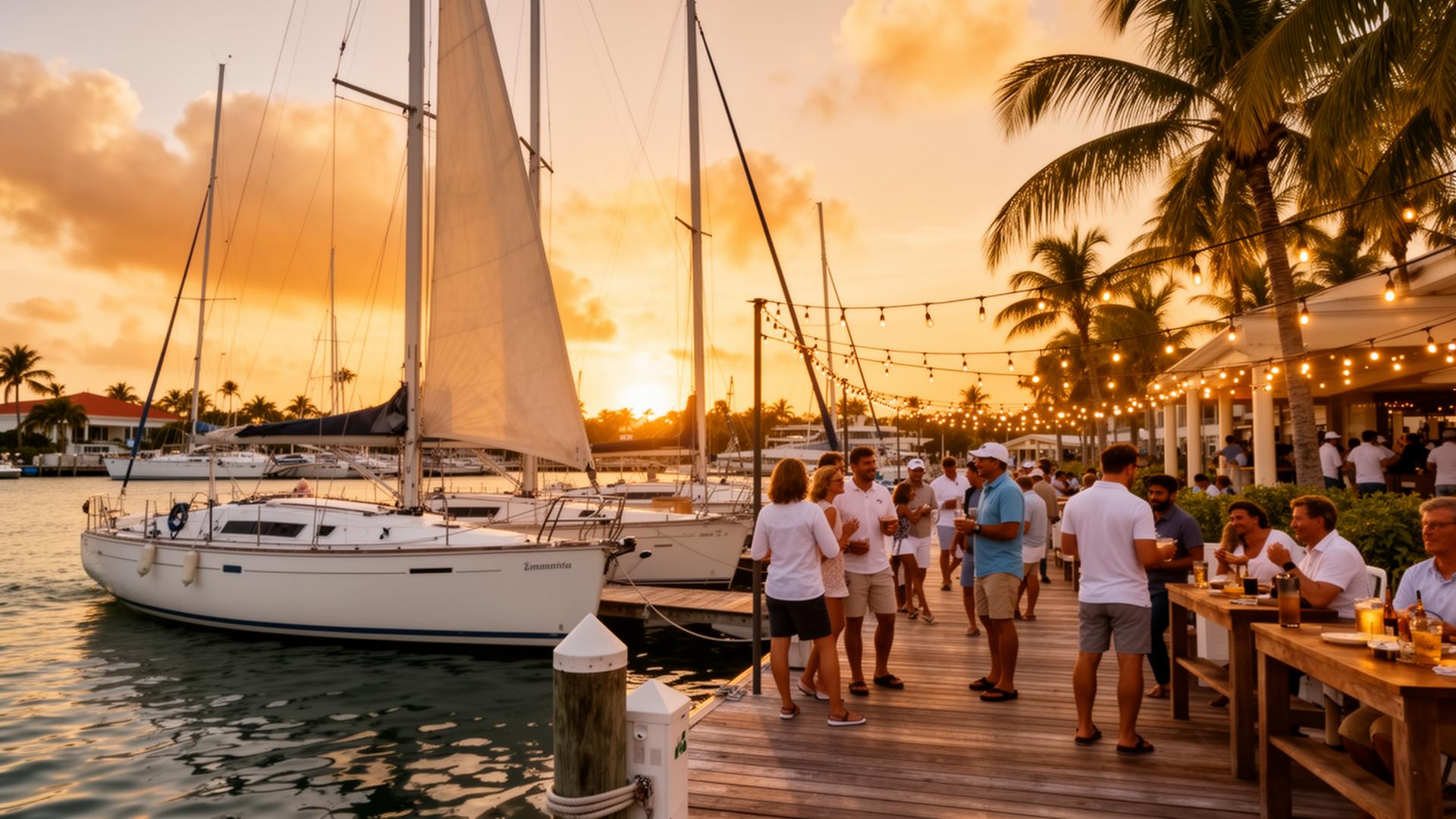 Sailors socializing at a Caribbean marina at sunset after a regatta with string lights