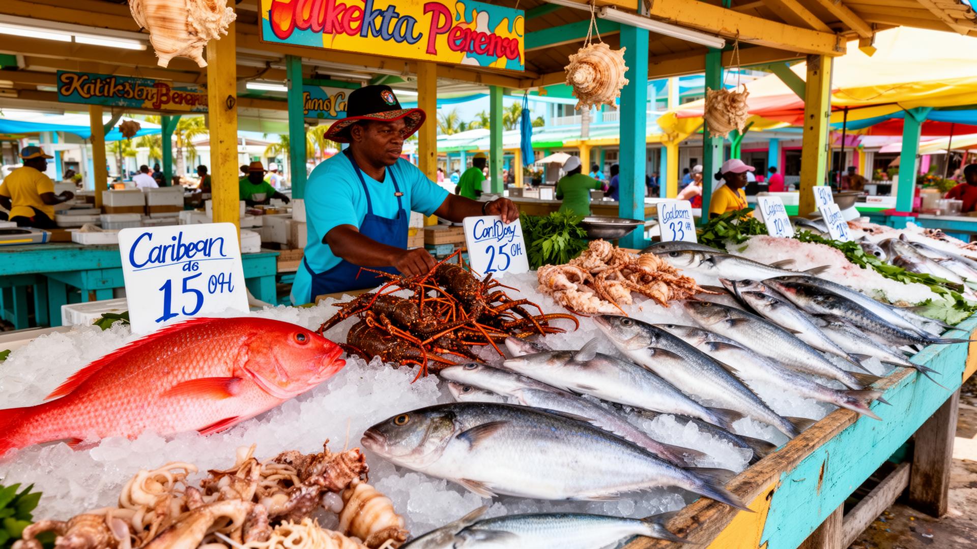 Colorful Caribbean seafood market with fresh red snapper, lobster, and local vendor