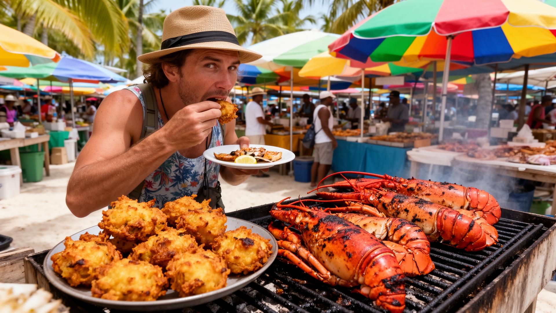 Traveler tasting fresh grilled seafood at an open-air Caribbean market