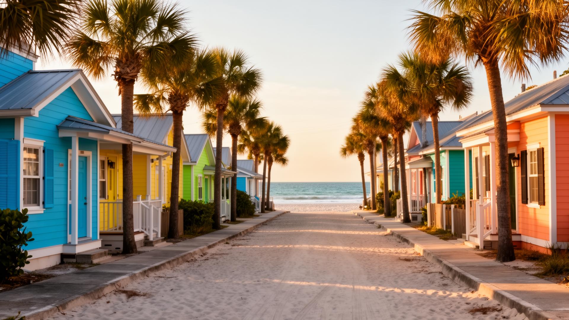 Colorful affordable beach cottages along a palm-lined sandy street leading to the ocean