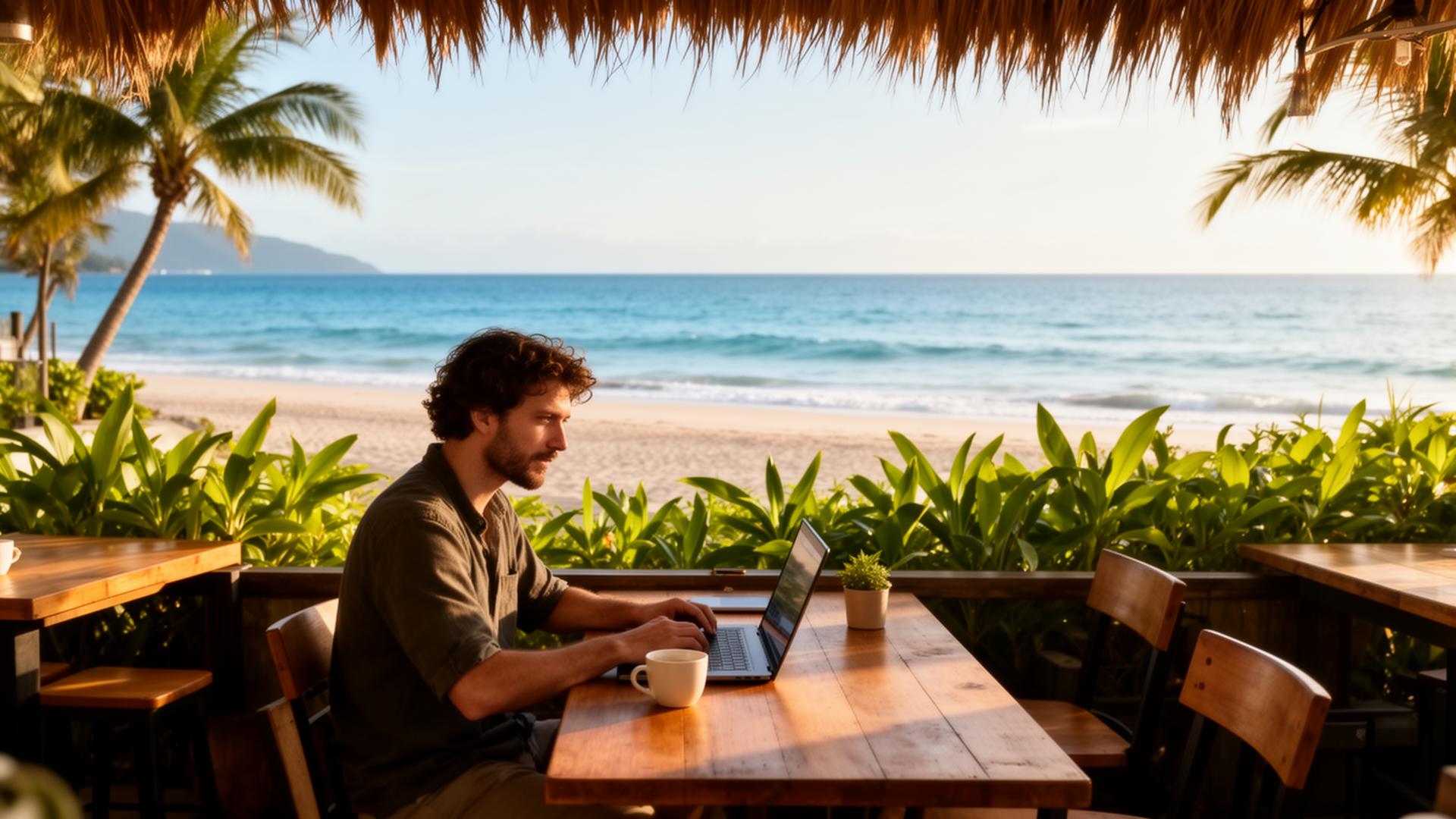 Digital nomad working on laptop at beachfront cafe with ocean view and tropical plants