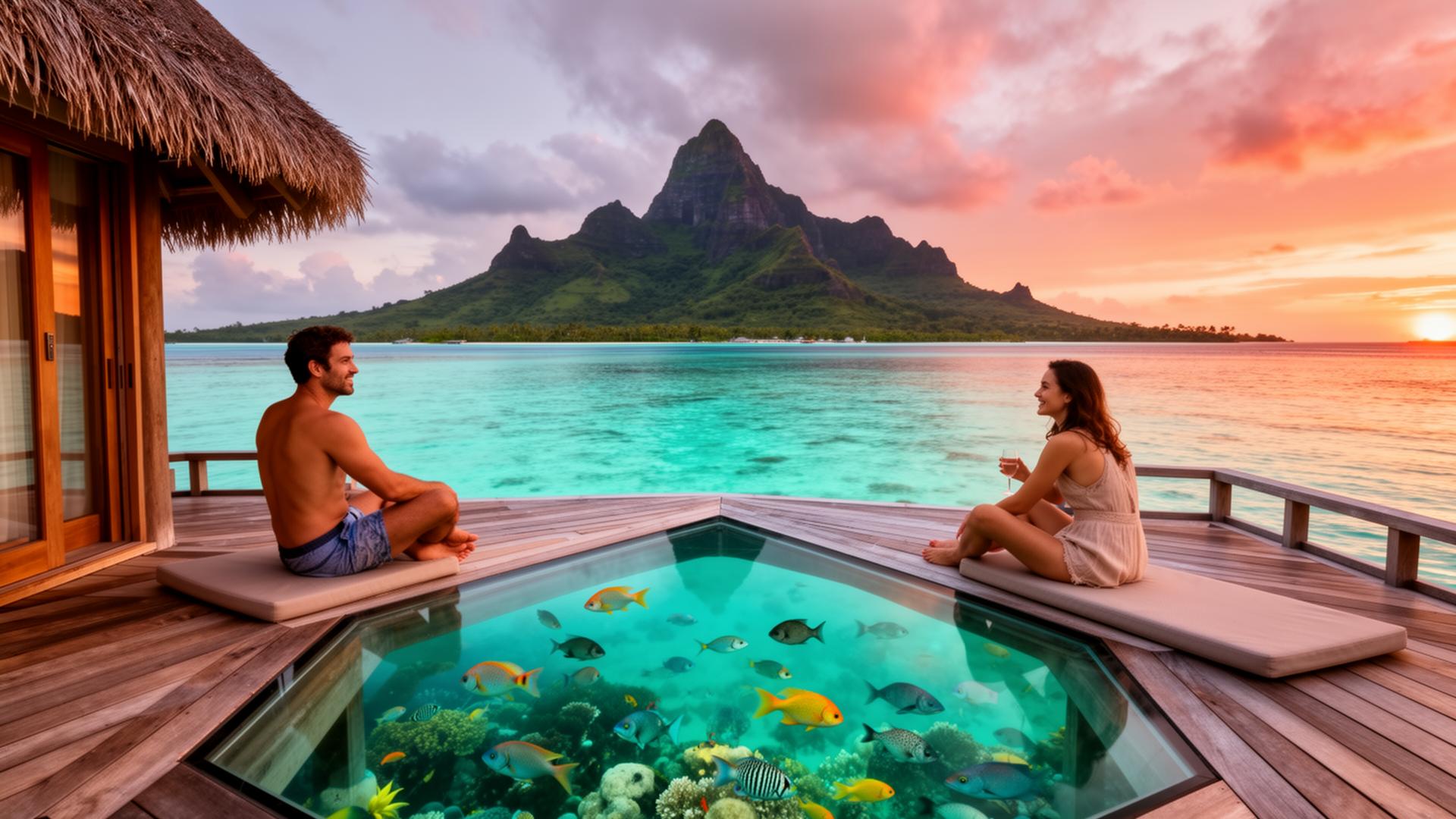 Couple on overwater bungalow deck with glass floor panel showing tropical fish in Bora Bora lagoon