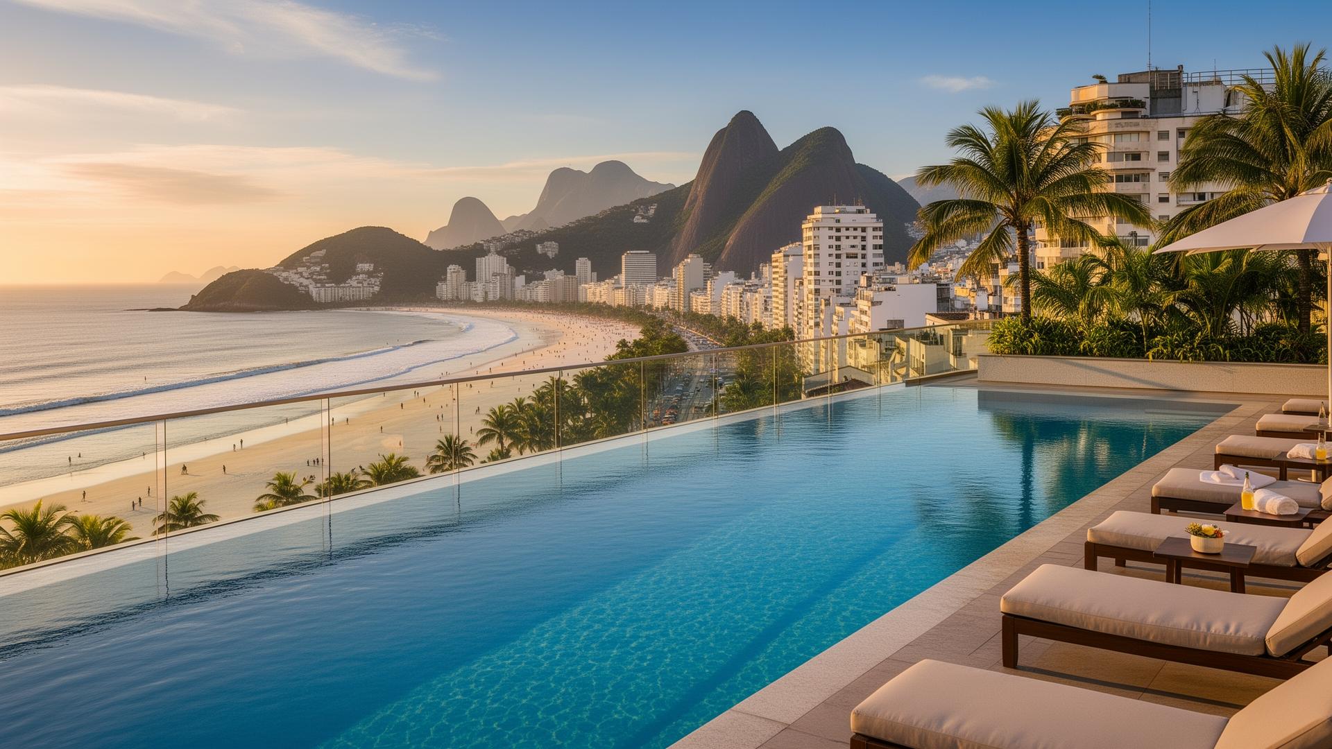 Rooftop infinity pool overlooking Copacabana Beach with Rio de Janeiro mountains at sunset