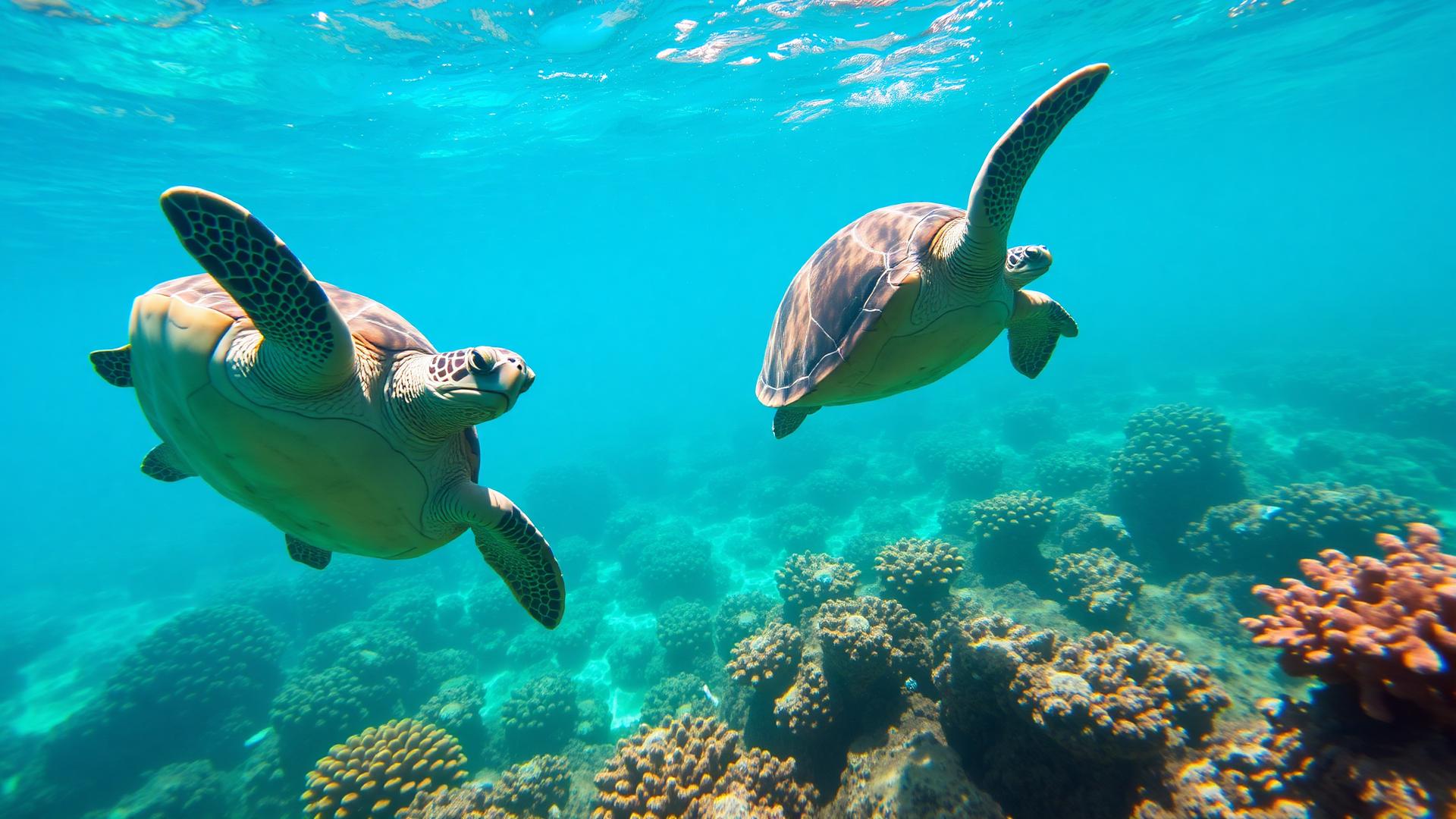 Sea turtles gliding over coral formations in Cozumel National Marine Park